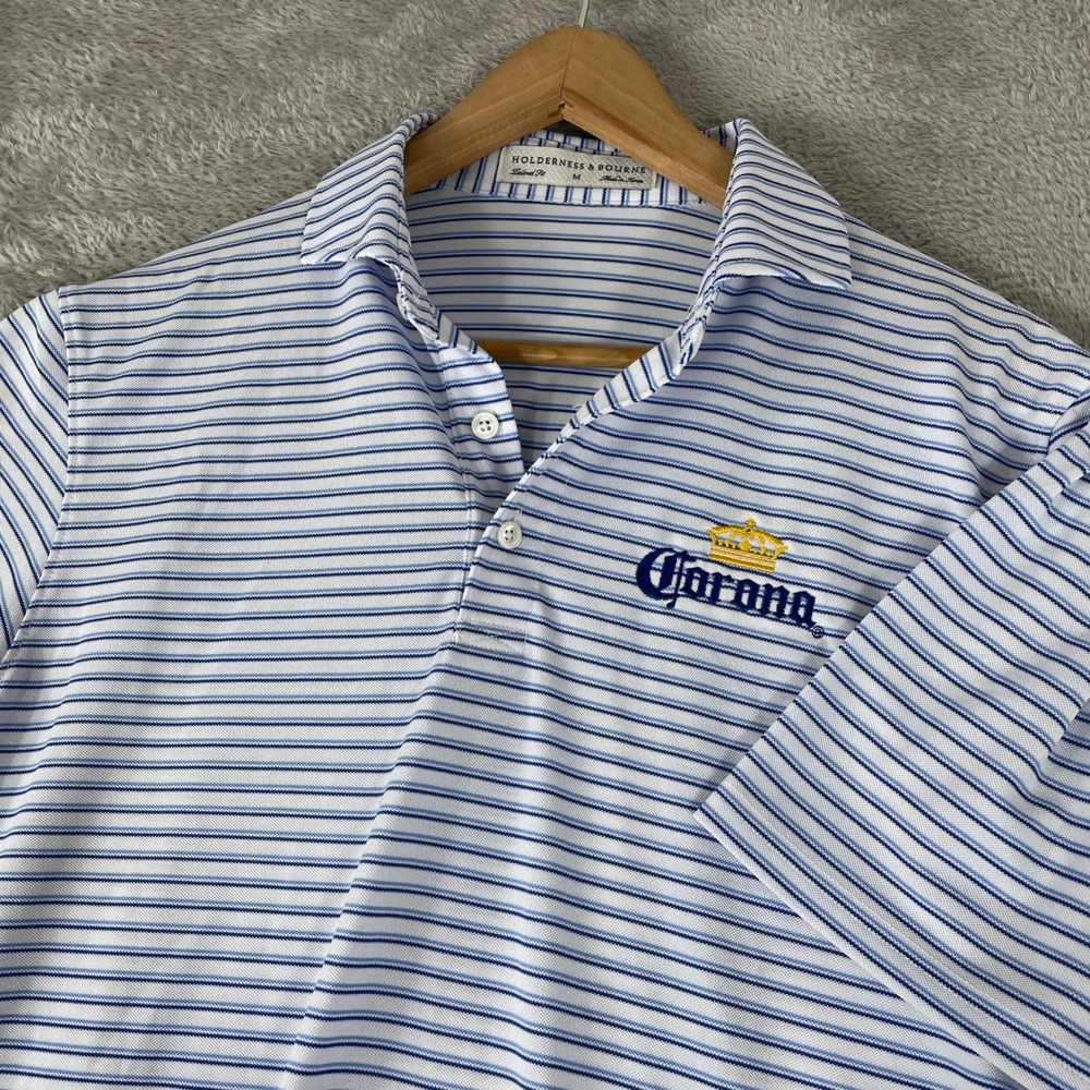 Holderness & Bourne Corona Polo Mens Medium White Blue Striped Saxton Golf Shirt